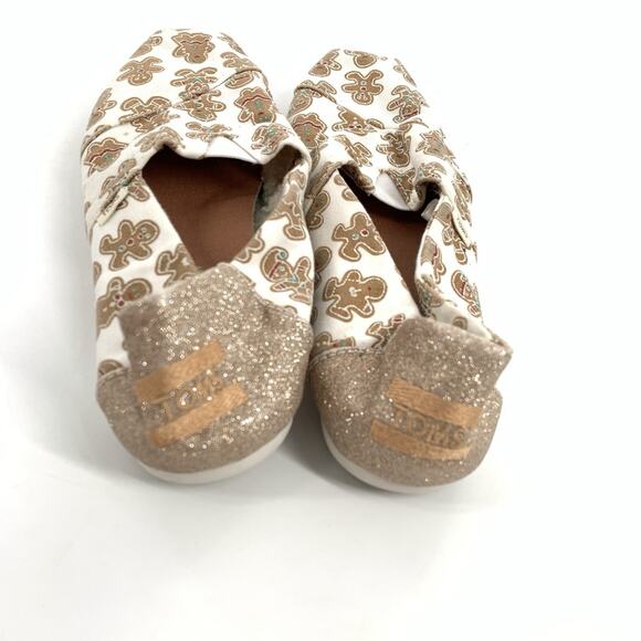 Toms Gingerbread Print Slip On Canvas Loafers Size 6 Womens White Gold Christmas - Picture 3 of 8